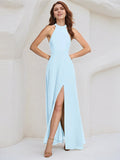 A-Linien-Himmelblaues Chiffon-Kleid mit Neckholder, ärmellos, bodenlang mit hohem Schlitz