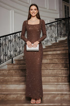 Glamorous Square Neck Long Sleeve Glittering Evening Gown