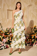 Romantic One-Shoulder Floral Embroidered Ruffle Maxi Dress