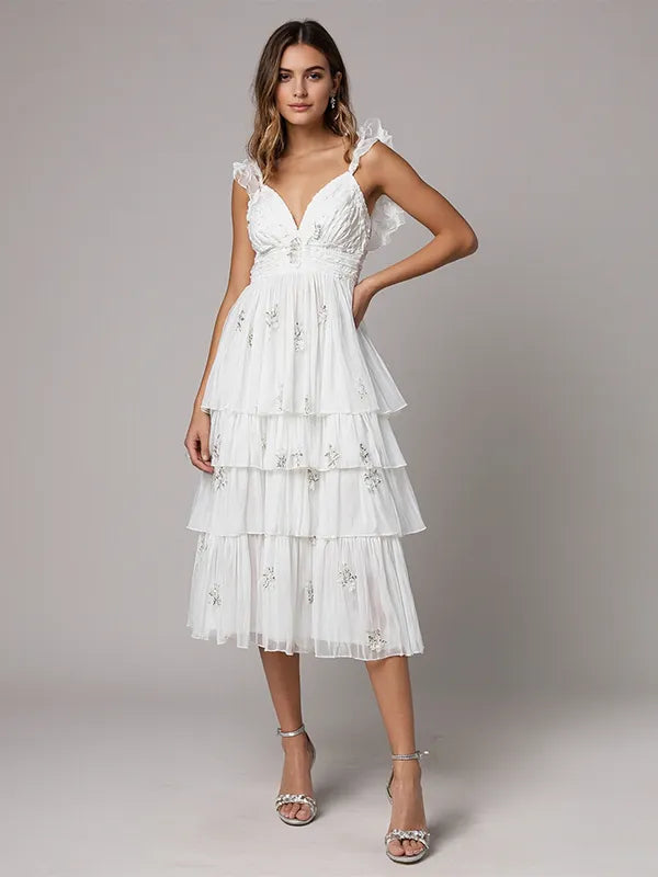 Evening Dress White Off-shoulder V-neck Slit Cake Dress Mid-length Dress