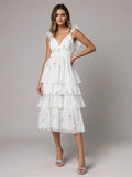Evening Dress White Off-shoulder V-neck Slit Cake Dress Mid-length Dress