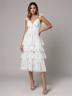 Evening Dress White Off-shoulder V-neck Slit Cake Dress Mid-length Dress