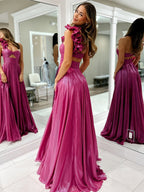 Fuchsiafarbenes A-Linien Ein-Schulter Metallic langes Ballkleid mit Schlitz