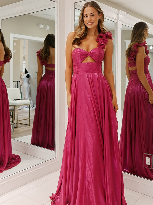 Fuchsiafarbenes A-Linien Ein-Schulter Metallic langes Ballkleid mit Schlitz