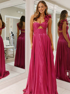 Fuchsiafarbenes A-Linien Ein-Schulter Metallic langes Ballkleid mit Schlitz
