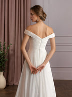 Robe de mariée blanche en mousseline ligne A à épaules dénudées avec paillettes