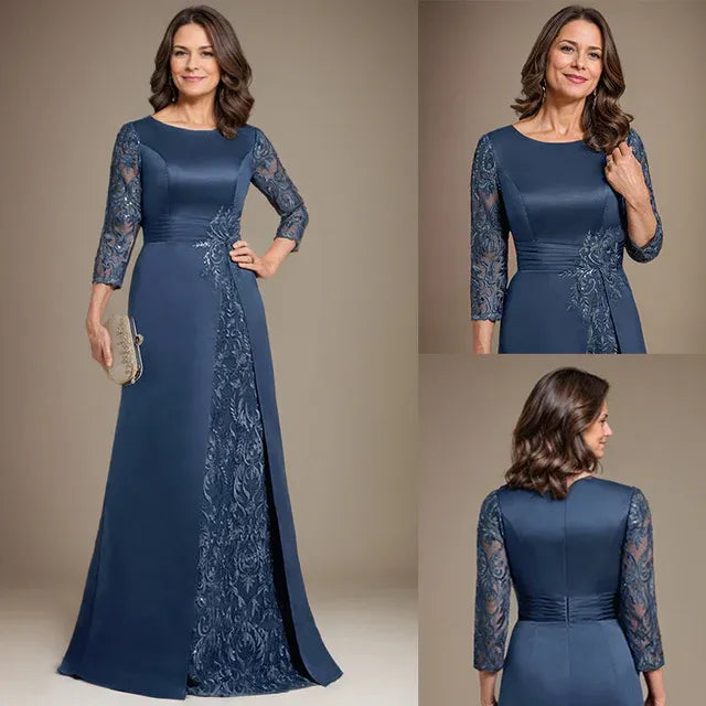 Vestido de madre de la novia largo hasta el suelo con encaje, satén, línea A, escote redondo y aplicaciones