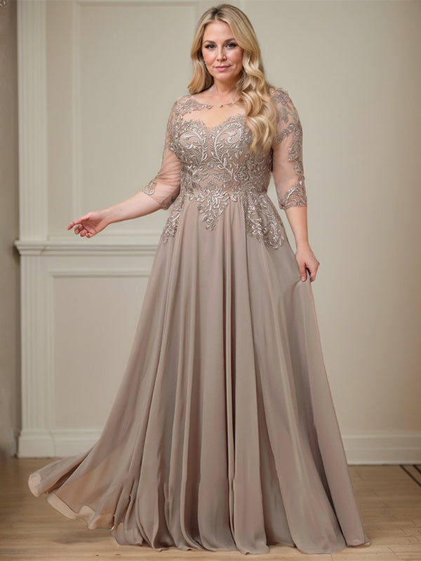 A-line Scoop Illusion Floor-Length Lace Chiffon Mother of the Bride Dress With Sequins