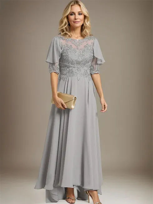 A-Linien Kleid mit Scoop-Ausschnitt, Illusion, asymmetrischem Chiffon und Spitzen, Mutter-der-Braut-Kleid mit Perlenbesatz