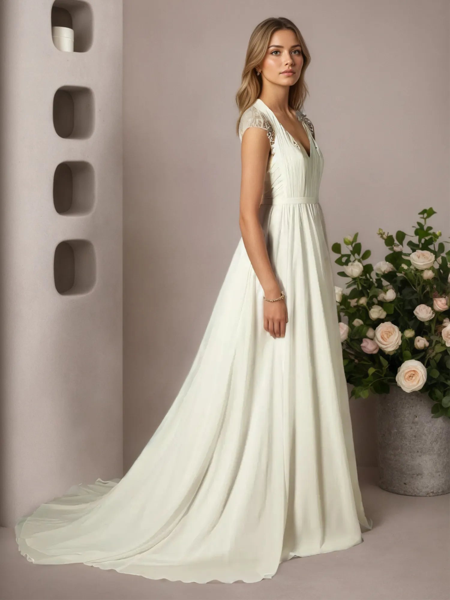 Abito crema a linea A in chiffon plissettato