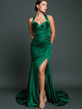 Evening Dress Dark Green Halter Neck Design Tube Top High Slit Long Dress