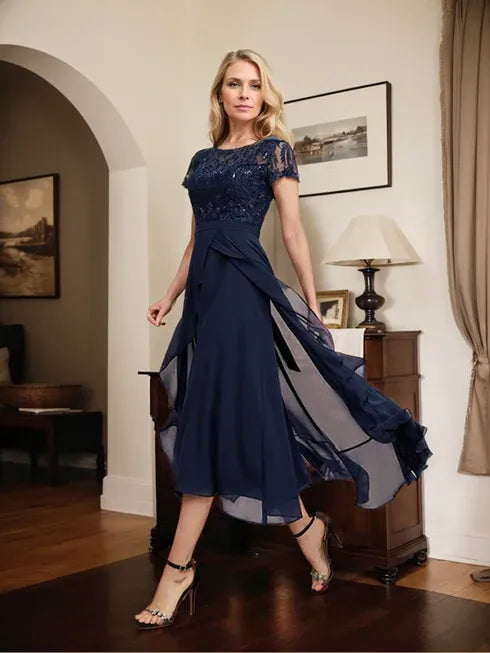 Vestido de mãe da noiva em chiffon assimétrico com decote redondo, ilusão, renda, laço, babados e lantejoulas em corte evasê