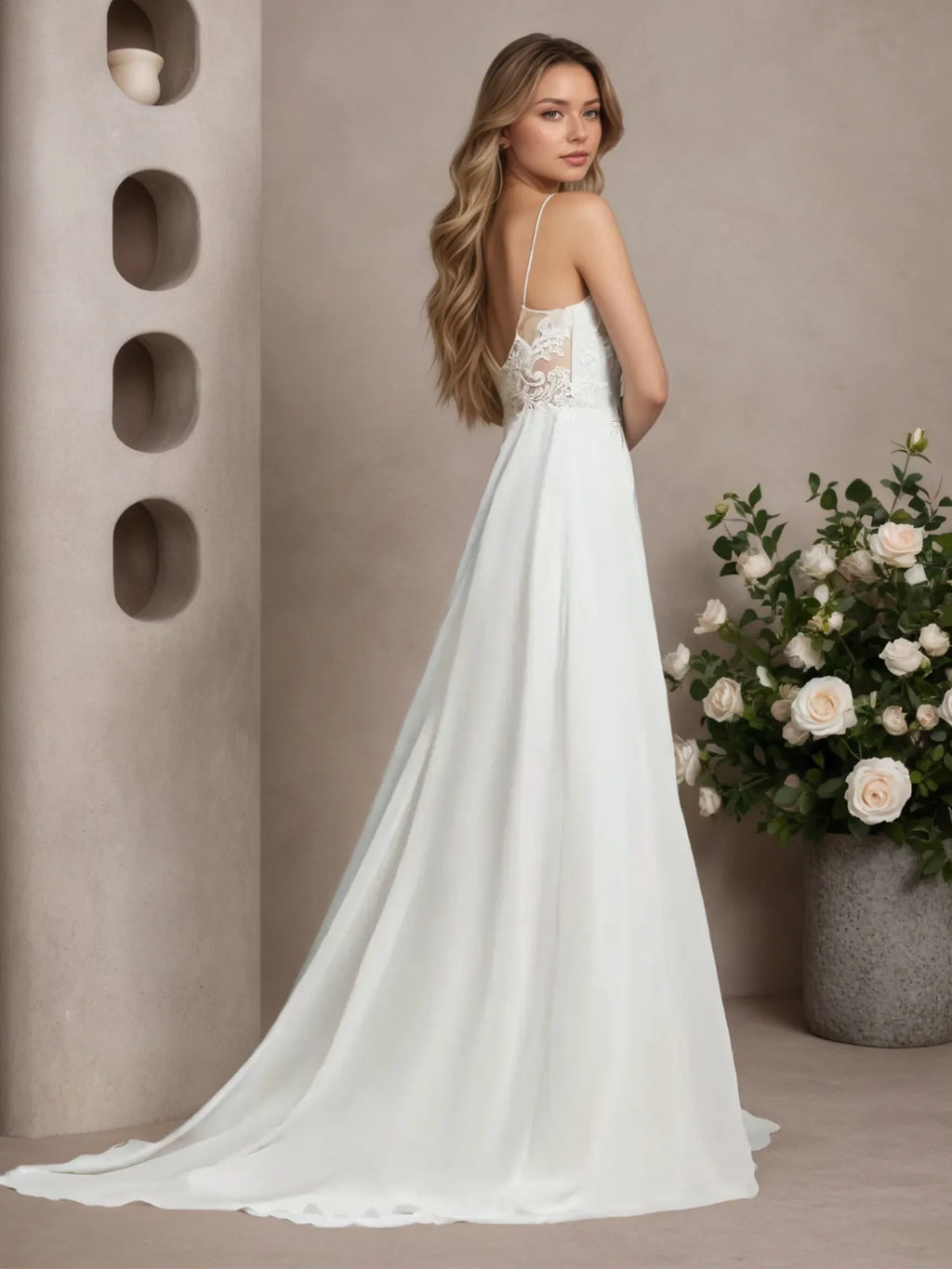 Vestido de novia blanco de gasa con lentejuelas sin mangas y escote off the shoulder en línea A