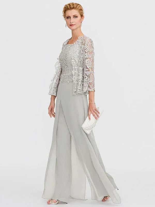 3 Piece Chiffon Square Neck Mother of the Bride Pantsuits with Jacket