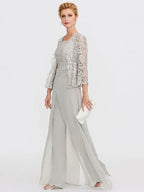 3 Piece Chiffon Square Neck Mother of the Bride Pantsuits with Jacket