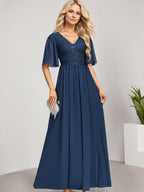 A-Linien V-Ausschnitt Bodenlanges Spitzen-Chiffon Kleid für die Brautmutter mit Pailletten