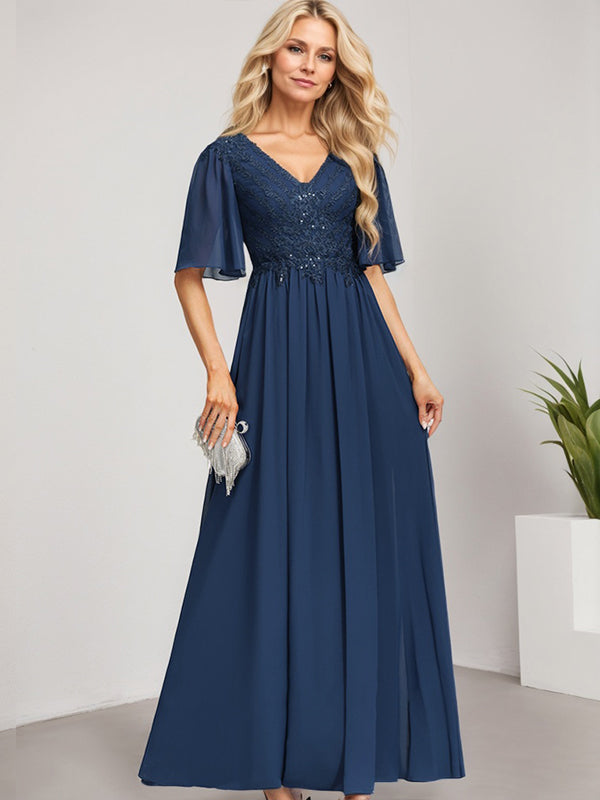 A-Linien V-Ausschnitt Bodenlanges Spitzen-Chiffon Kleid für die Brautmutter mit Pailletten