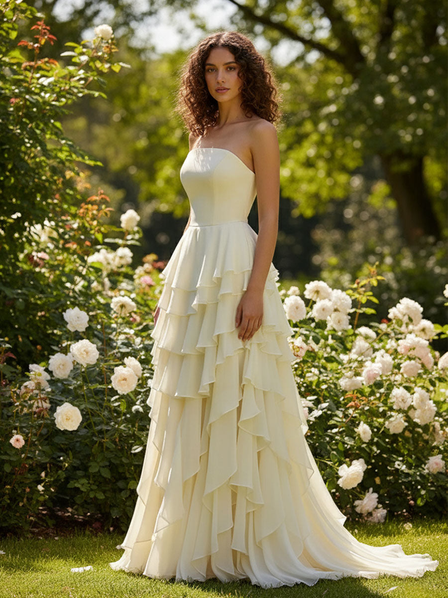 Vestido elegante de dama de honor sin tirantes, sin mangas, con volantes y capas