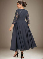 A-Linien Spitzen-Chiffon-Brautmutterkleid mit V-Ausschnitt, tea-length, mit Pailletten