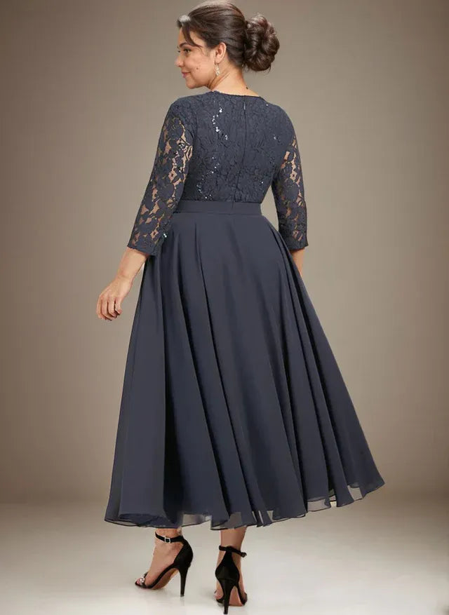 A-Linien Spitzen-Chiffon-Brautmutterkleid mit V-Ausschnitt, tea-length, mit Pailletten