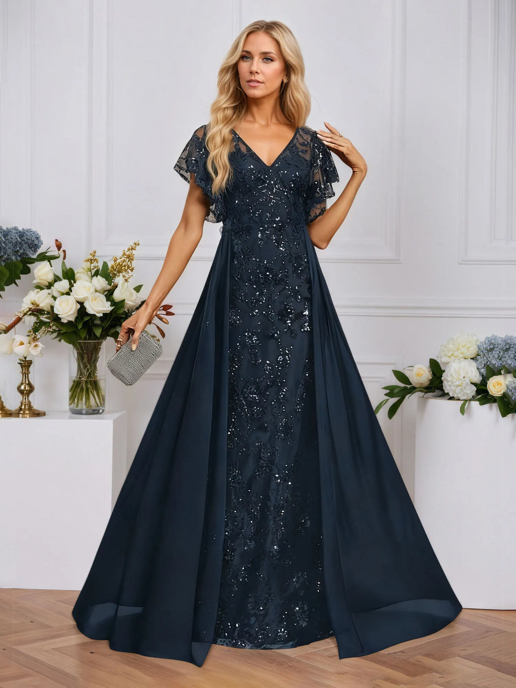 Sheath/Column Illusion V-Neck Floor-Length Sequin Chiffon Lace Evening Dress With Overskirt