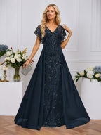 Sheath/Column Illusion V-Neck Floor-Length Sequin Chiffon Lace Evening Dress With Overskirt
