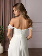 Vestido de casamento branco em linha A de chiffon ombro a ombro