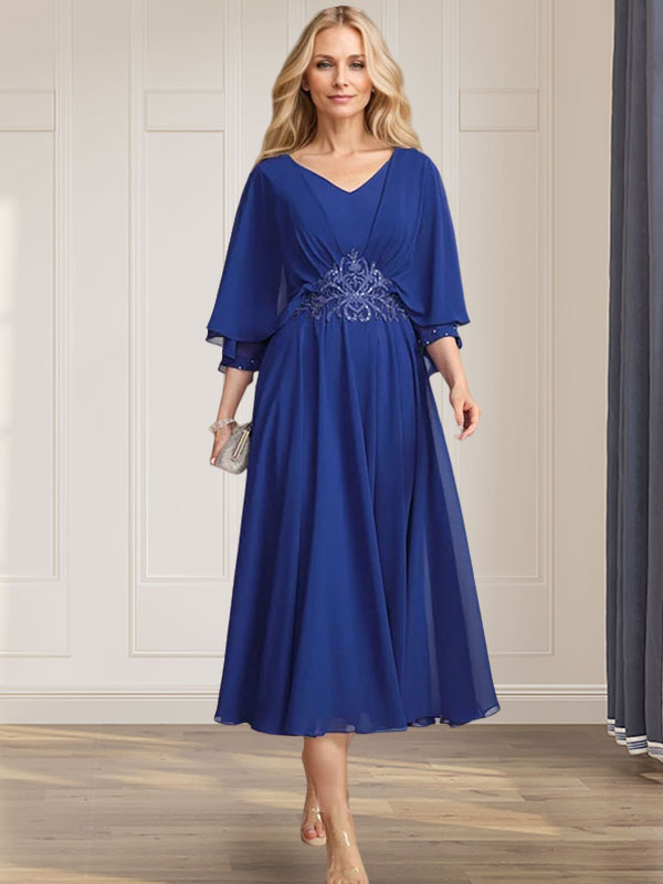 A-Linie V-Ausschnitt Tee-Länge Chiffon Kleid für die Brautmutter mit plissierten Pailletten-Applikationen, Spitze und Perlenstickerei