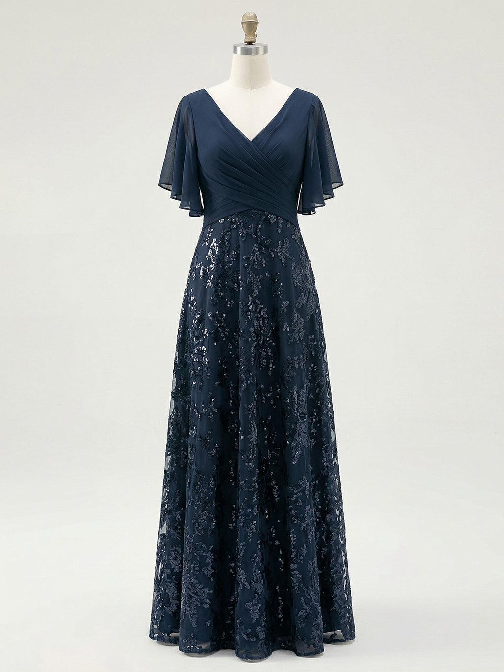 A-Linien V-Ausschnitt bodenlanges Spitzen-Chiffon Brautmutterkleid mit Pailletten und Plissees