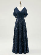 A-Linien V-Ausschnitt bodenlanges Spitzen-Chiffon Brautmutterkleid mit Pailletten und Plissees