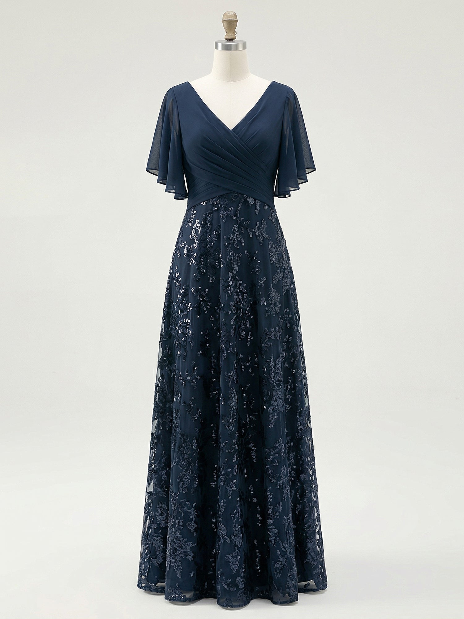 A-Linien V-Ausschnitt bodenlanges Spitzen-Chiffon Brautmutterkleid mit Pailletten und Plissees