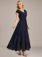 A-Linien V-Ausschnitt Knöchellanges Chiffon Kleid der Brautmutter mit Applikationen und Pailletten