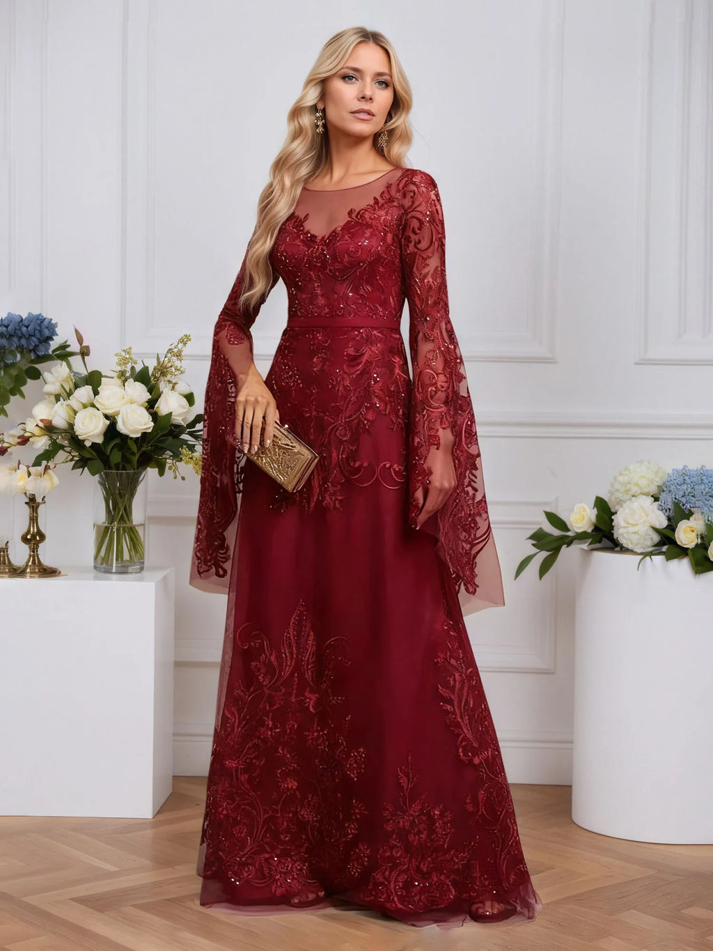 A-line Scoop Illusion Floor-Length Tulle Lace Evening Dress With Sequins