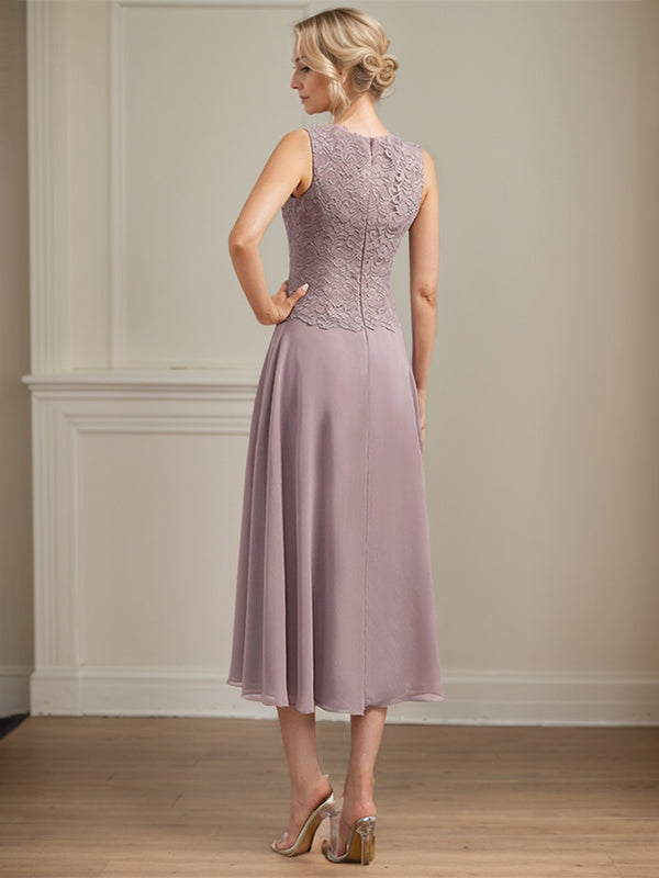 A-Linien Kleid mit Rundhalsausschnitt, tea-länge, Spitze und Chiffon, Mutter der Braut Kleid