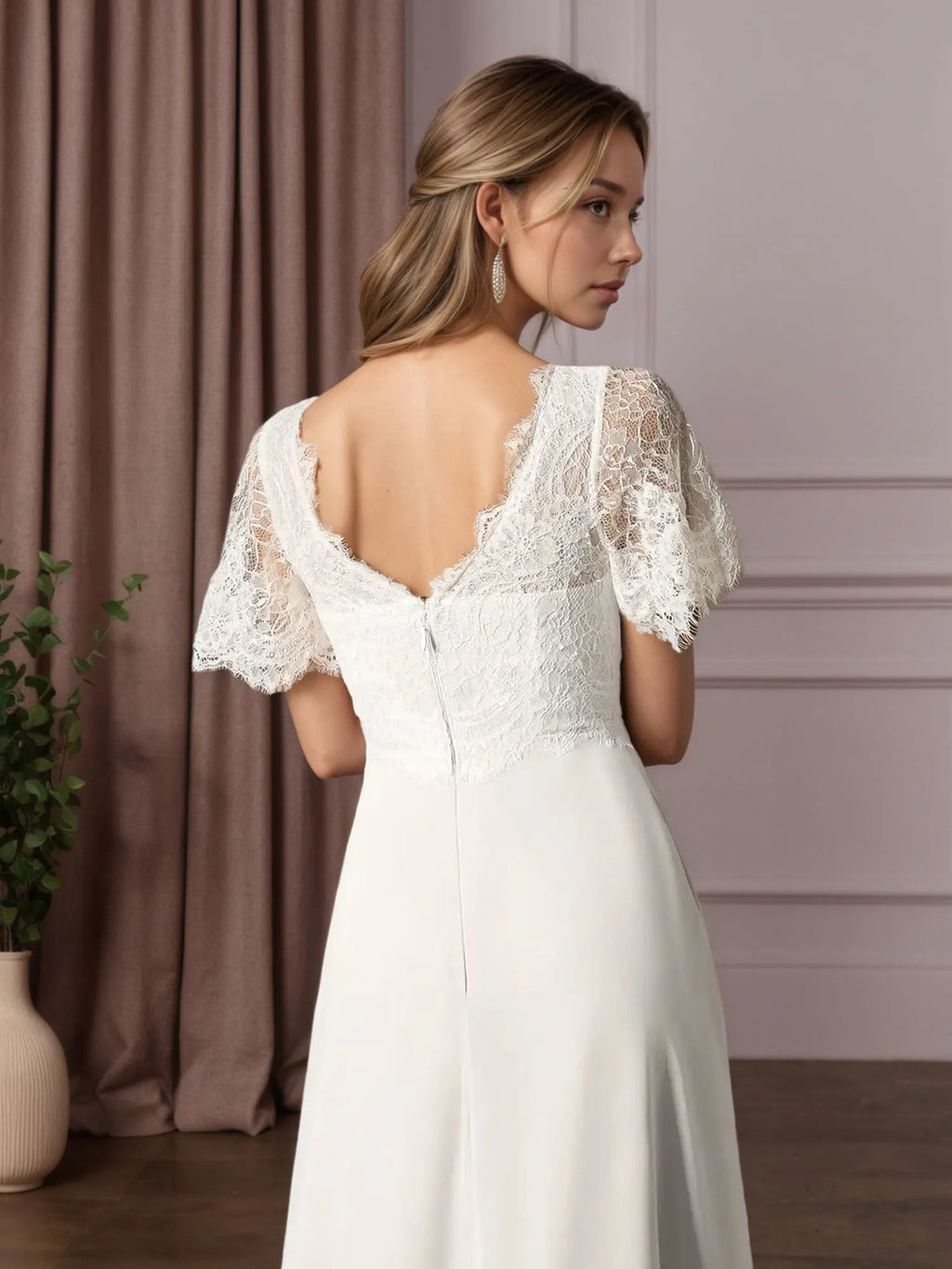 Weißes A-Linien V-Ausschnitt Spitzen Chiffon Hochzeitskleid