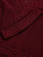 Wine Red Lace Floral Satin V Neck Short Sleeve A-Line Maxi Dress