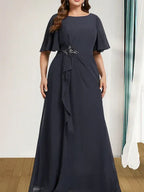 A-Linien Rundhals bodenlanges Chiffon Mutter der Braut Kleid mit kaskadierenden Rüschen Perlen Pailletten