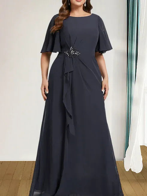 A-Linien Rundhals bodenlanges Chiffon Mutter der Braut Kleid mit kaskadierenden Rüschen Perlen Pailletten