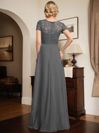 Vestido de madre de la novia línea A con escote corazón, largo hasta el suelo, de gasa y encaje con abalorios y volantes en cascada