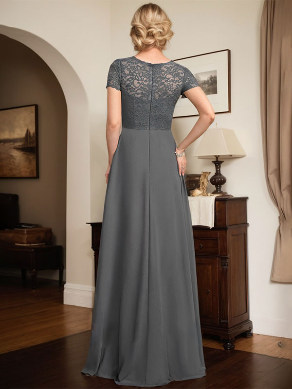 Vestido de madre de la novia línea A con escote corazón, largo hasta el suelo, de gasa y encaje con abalorios y volantes en cascada