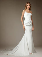 Vestido de novia blanco sirena con escote cuadrado y satén doble faz