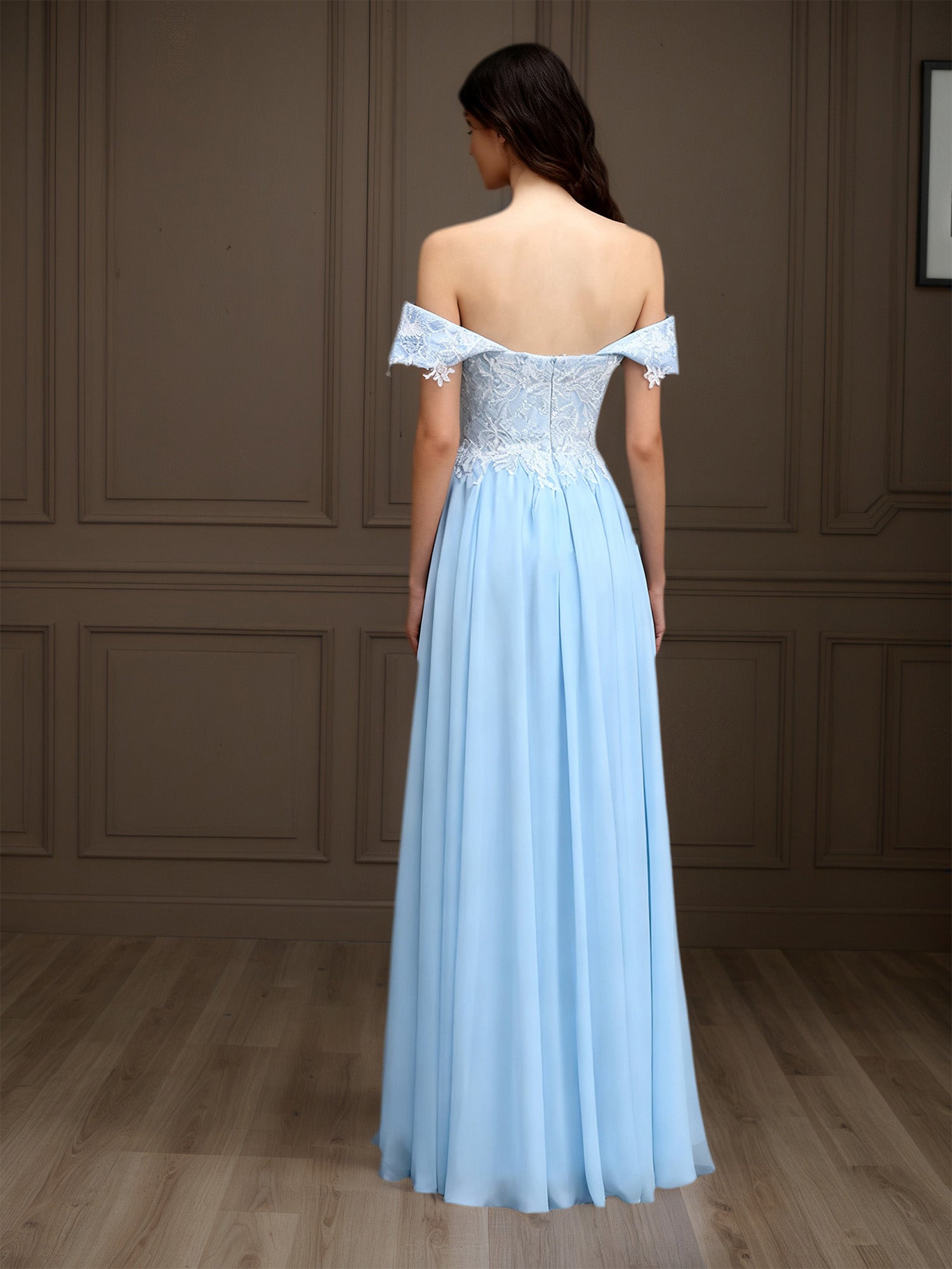 Elegantes schulterfreies Chiffon-Etuikleid lang Mutter der Braut mit Spitzenapplikationen