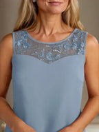 Chiffon Kleid mit Rundhalsausschnitt und langen Ärmeln, Mutter-der-Braut Hosenanzug mit Jacke