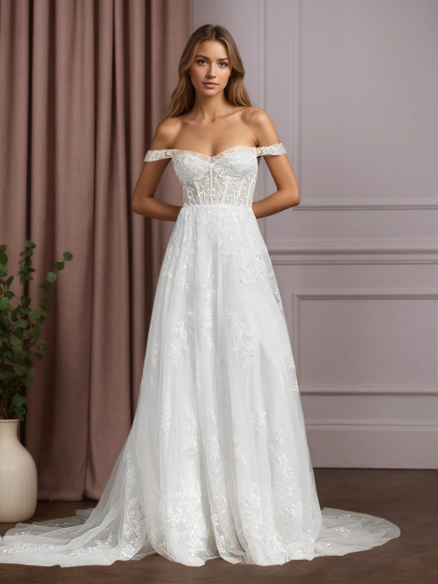 Vestido de novia blanco línea A con lentejuelas y tul