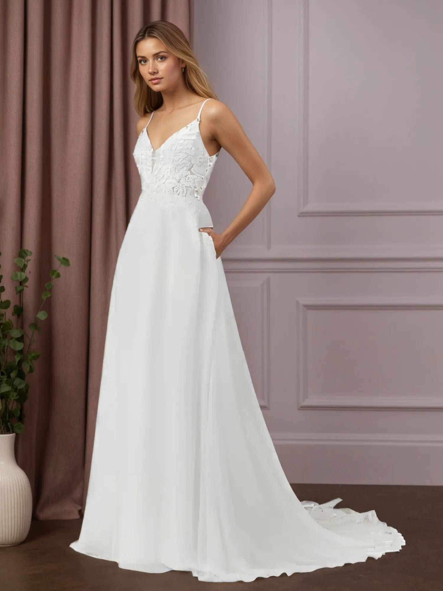 Abito da sposa bianco in chiffon a linea ad A con scollo a V e senza maniche, con paillettes