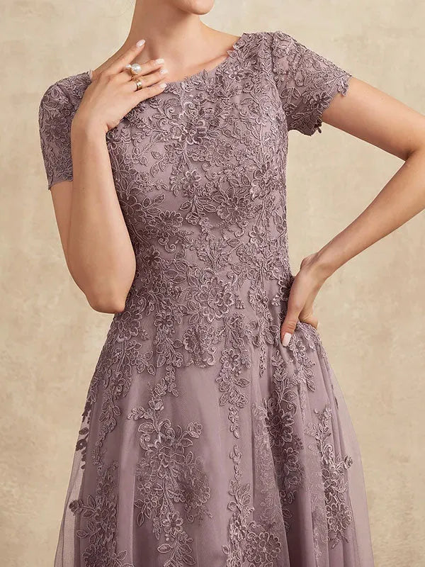 Robe de mère de la mariée A-line en tulle et dentelle, col arrondi, longueur thé
