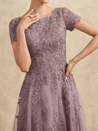 Robe de mère de la mariée A-line en tulle et dentelle, col arrondi, longueur thé