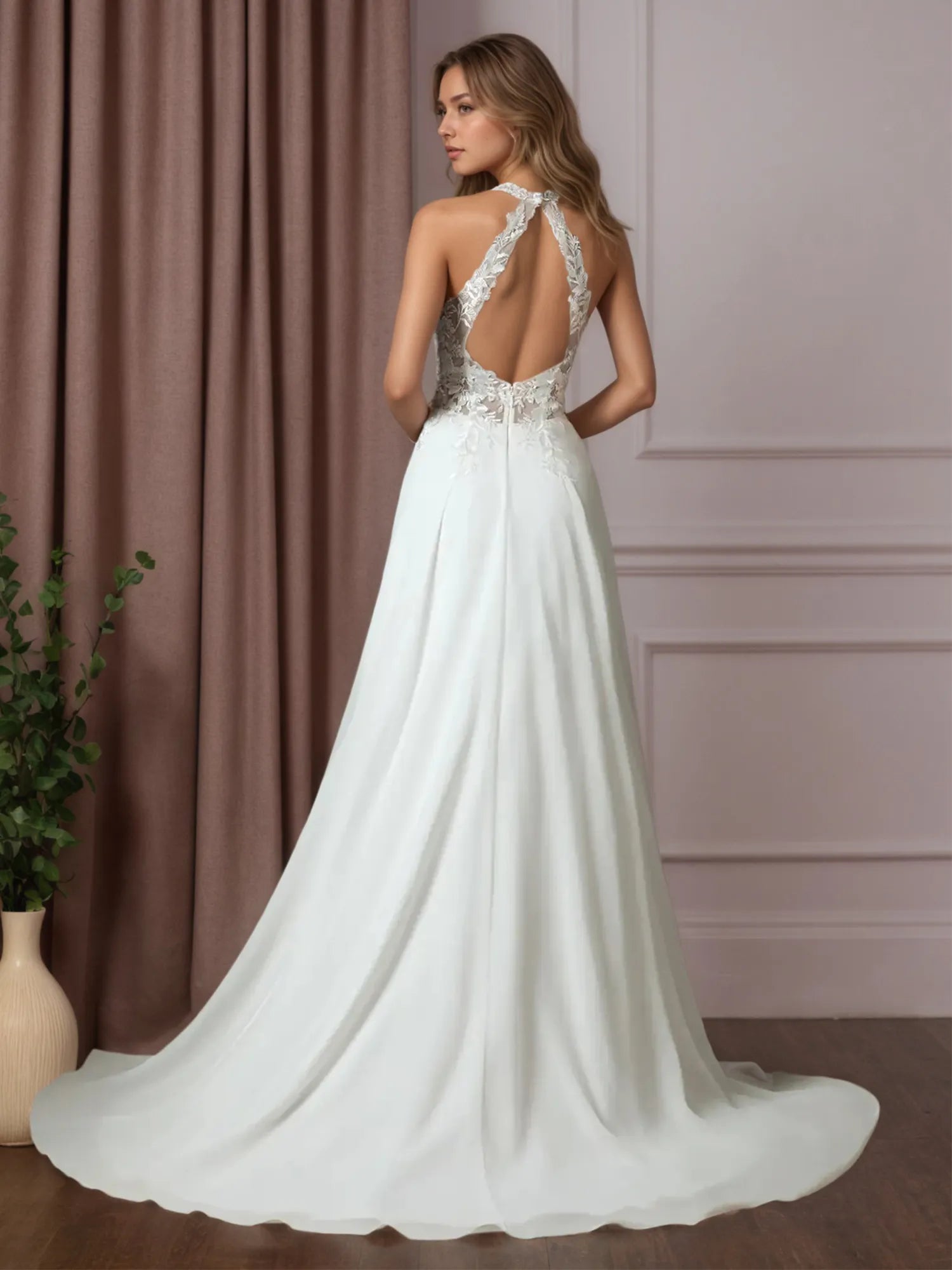Vestido de novia blanco en línea A con encaje