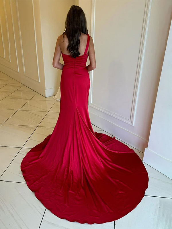 Vestido de Festa Sereia Vermelho, Ombro Único, Franzido, Longo com Fenda