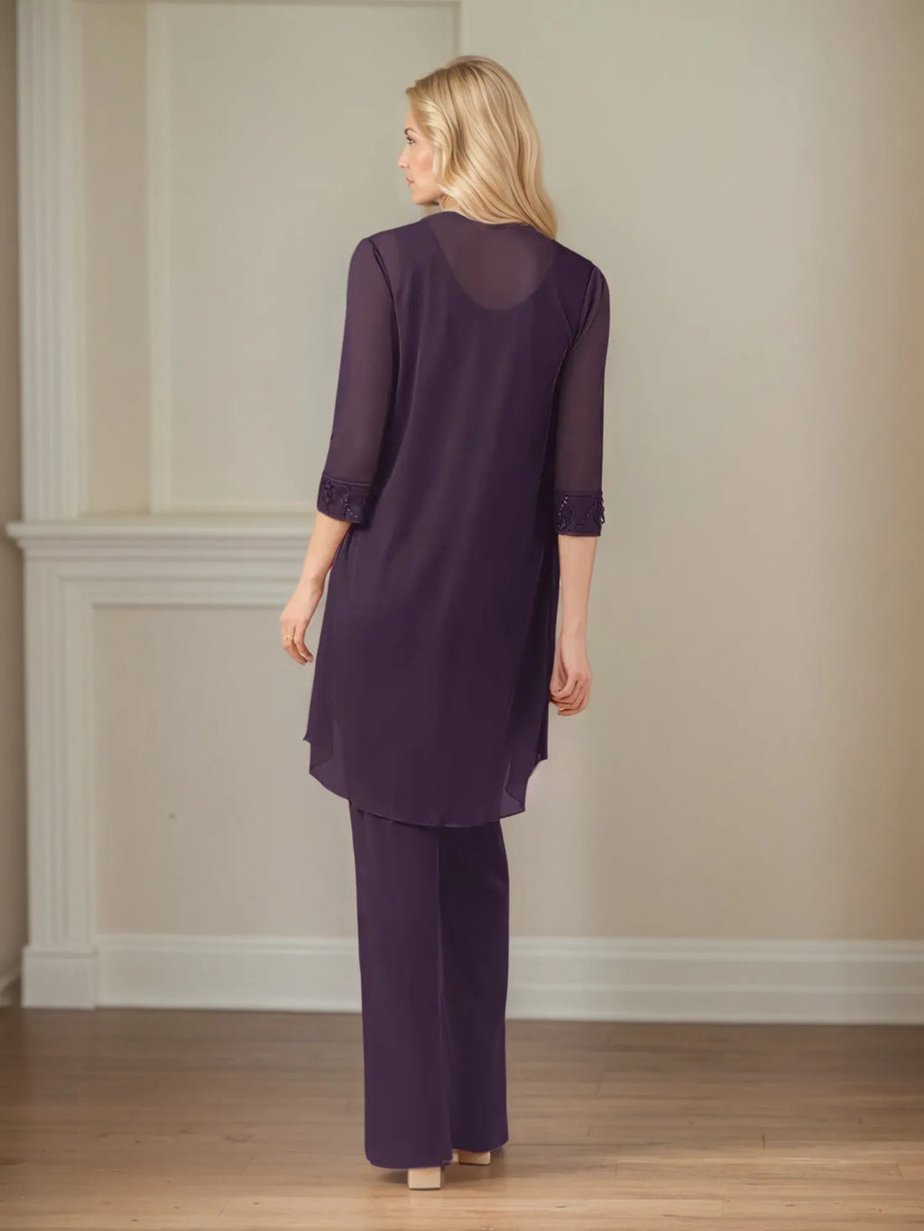 Mono/traje pantalón para madre de la novia, escote redondo, mangas 3/4 y chiffon